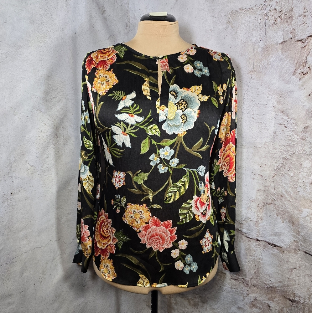 LOFT Small Tropical Sheer Black Shirt Floral Vacation Pink Green Yellow Cover-up - Picture 1 of 6